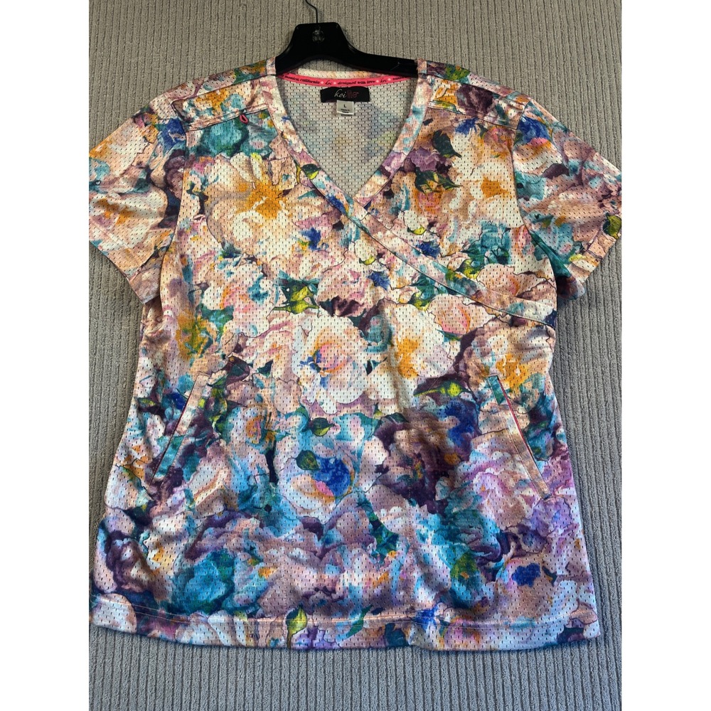 Koi Lite Scrub Top Womens L Floral Mesh V-Neck Mock Wrap